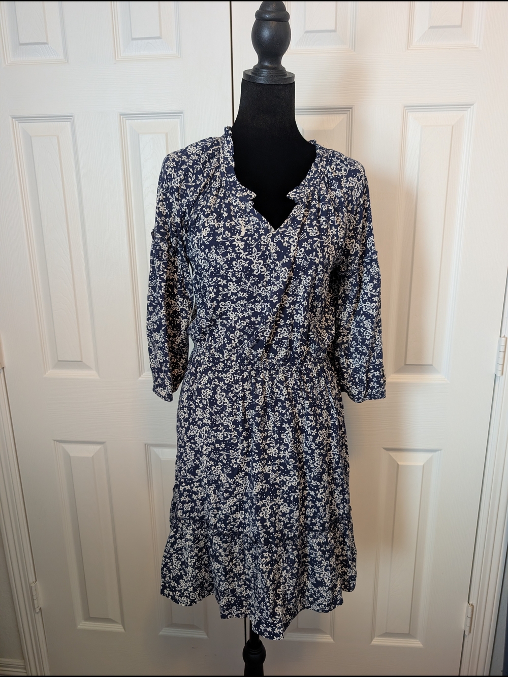 NAIF Navy & White Floral Ruffled Midi Dress